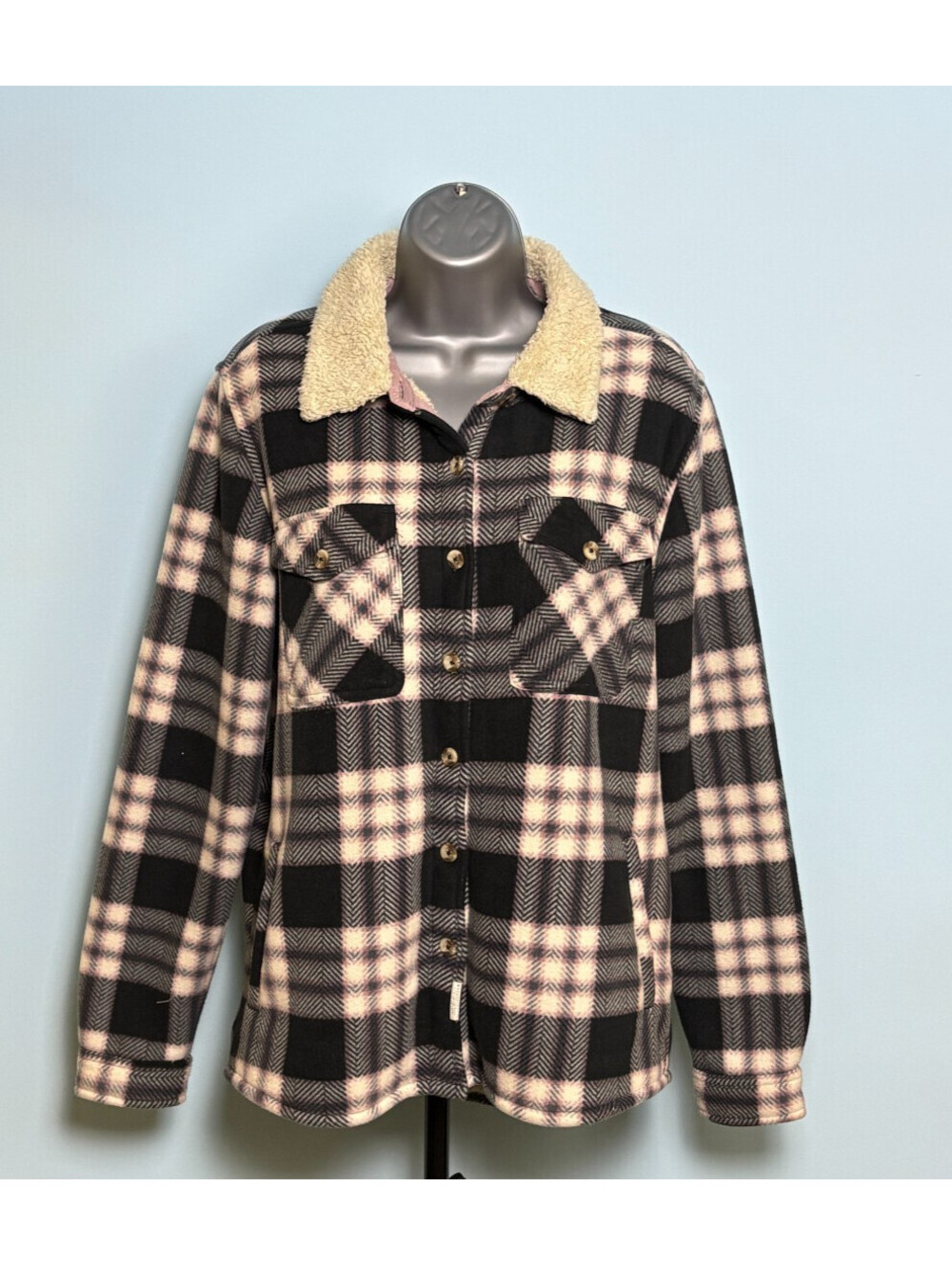 Soho Threads Plaid Sherpa Lined Shacket Jacket Womens L XL Fleece Shirt Coat